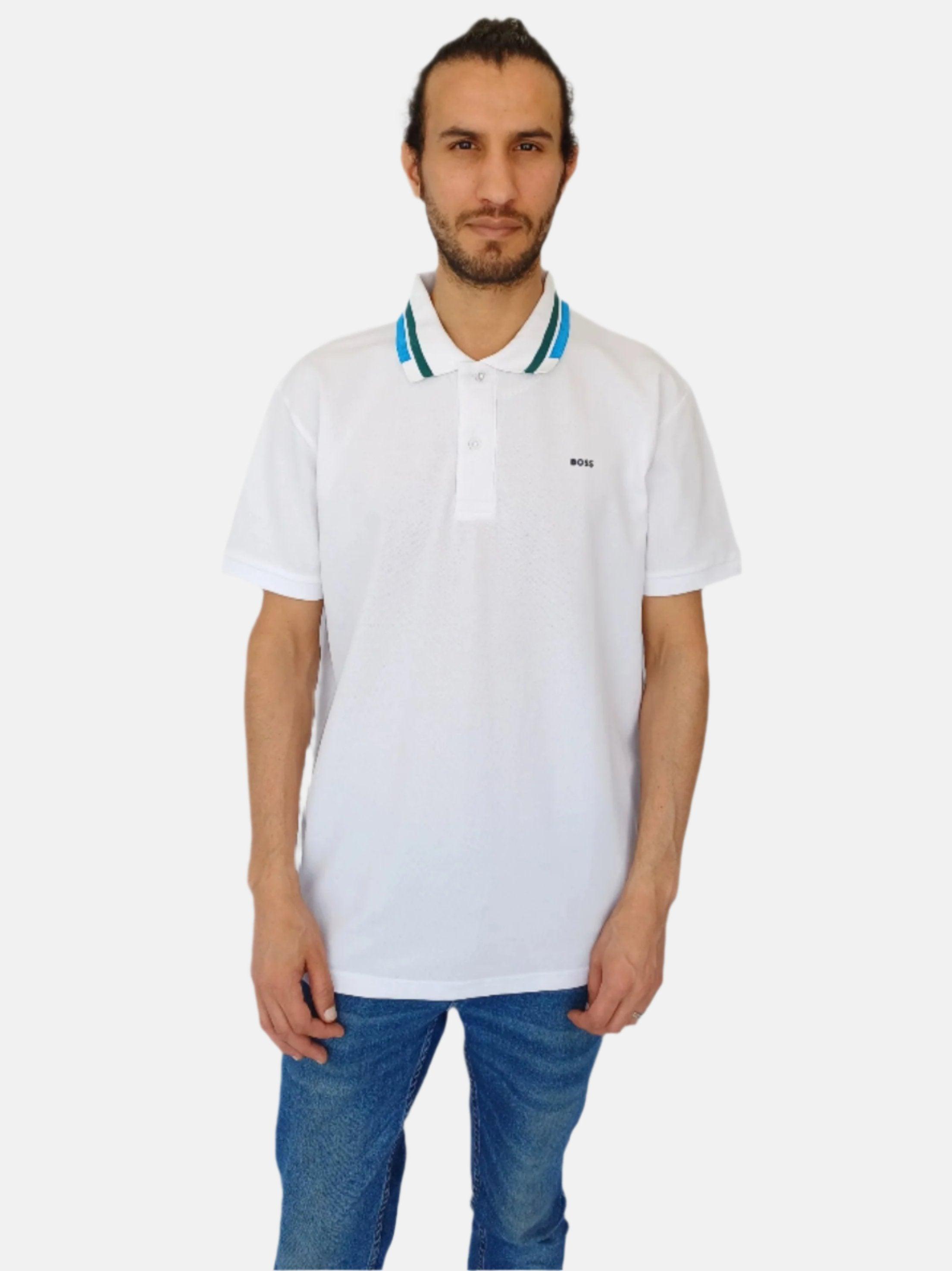 XL-White Green,Blue Stripe Boss Polo T-shirt