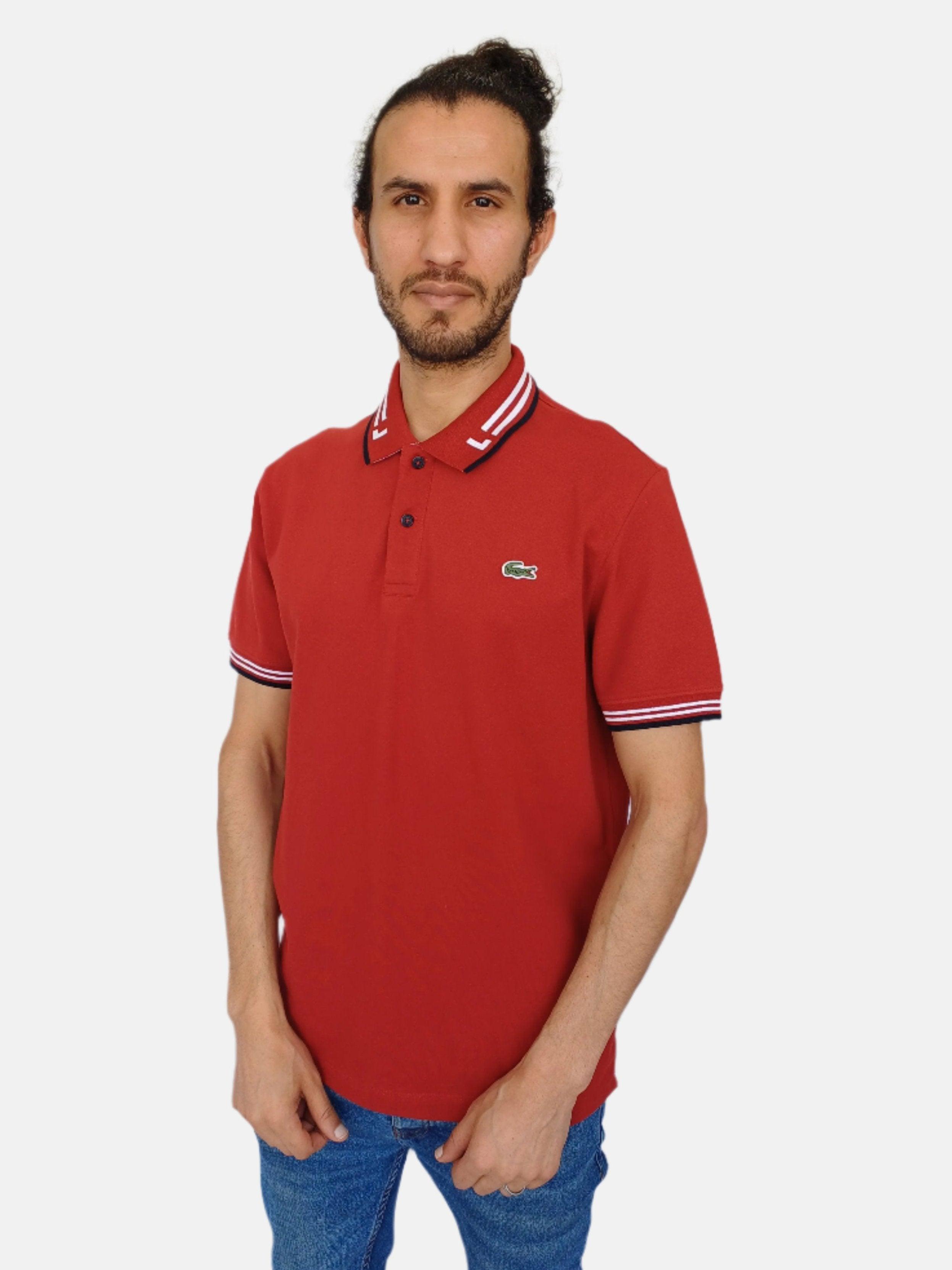 Red Lacoste Men Polo T-shirt Black,White Stripe Collar Design