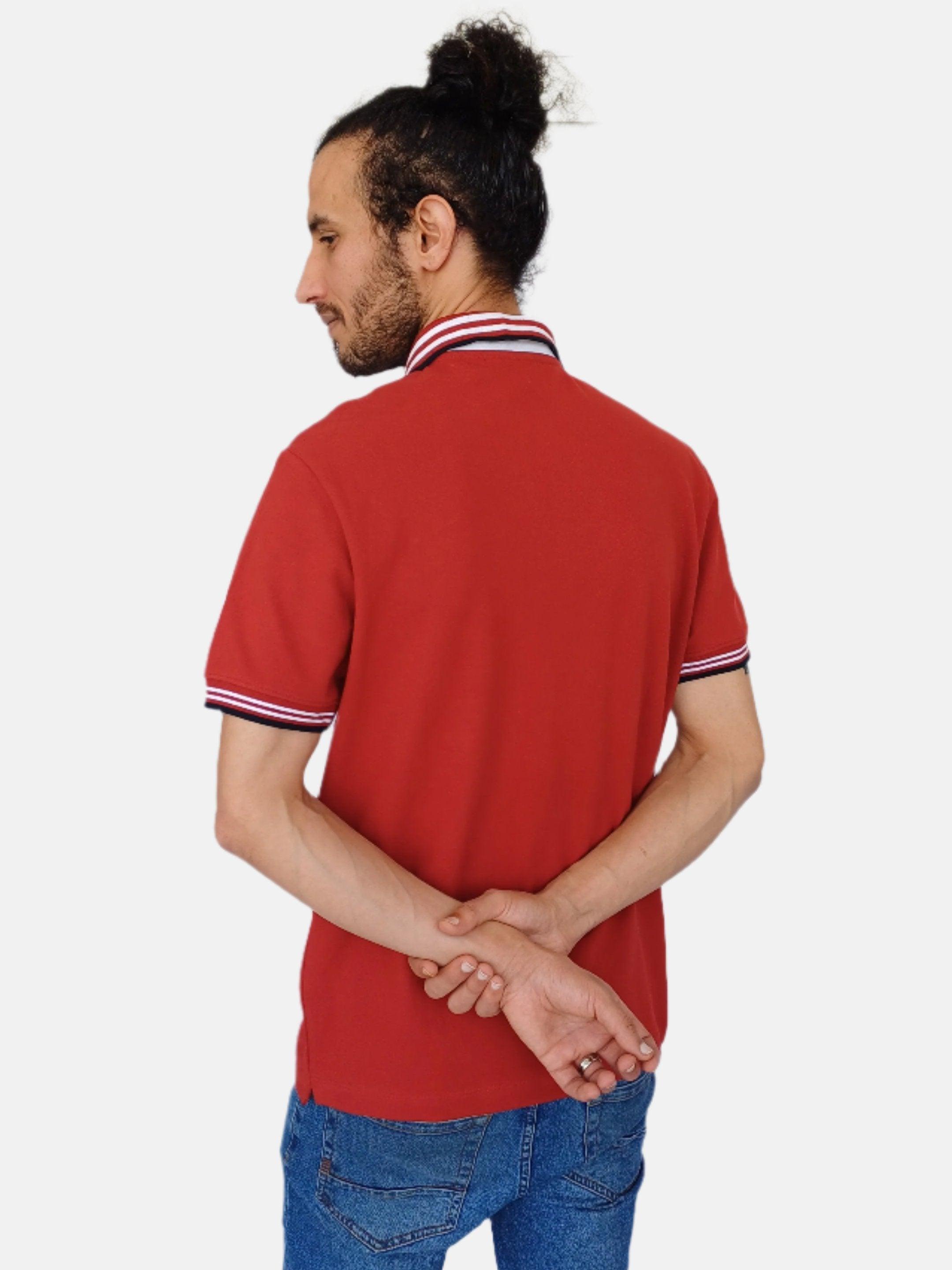 Red Lacoste Men Polo T-shirt Black,White Stripe Collar Design