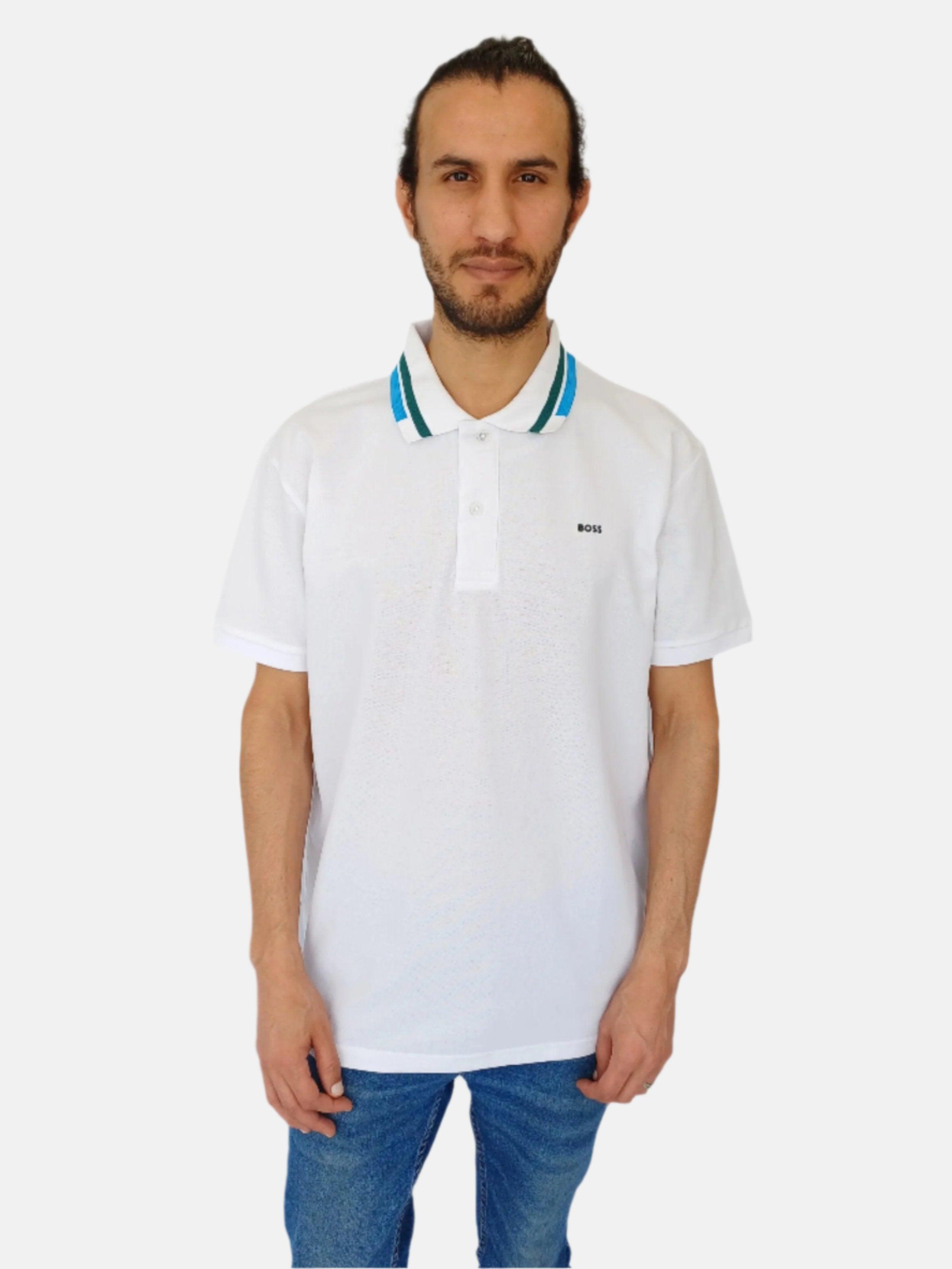 XL-White Green,Blue Stripe Boss Polo T-shirt