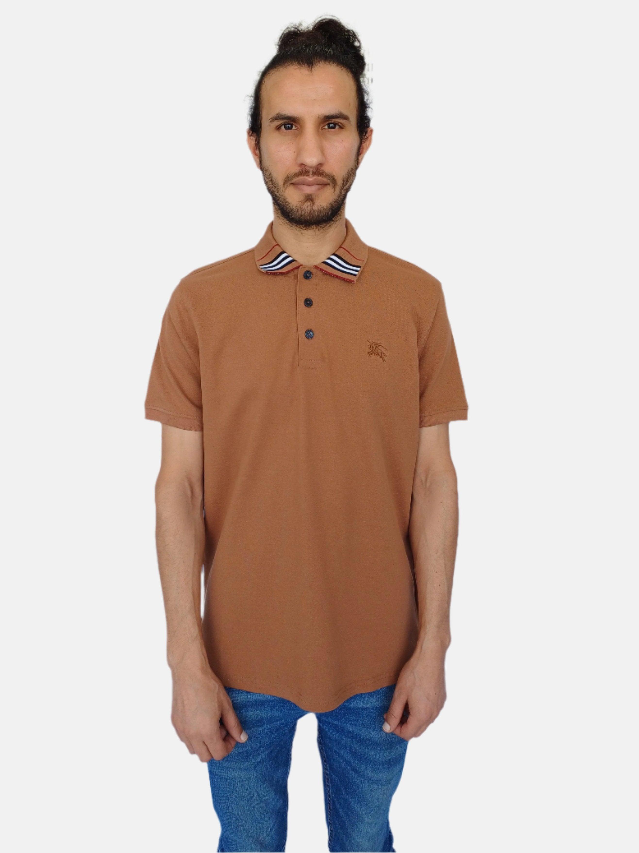 Brown Burberry Collar Front Strip Design Men Polo T-shirt