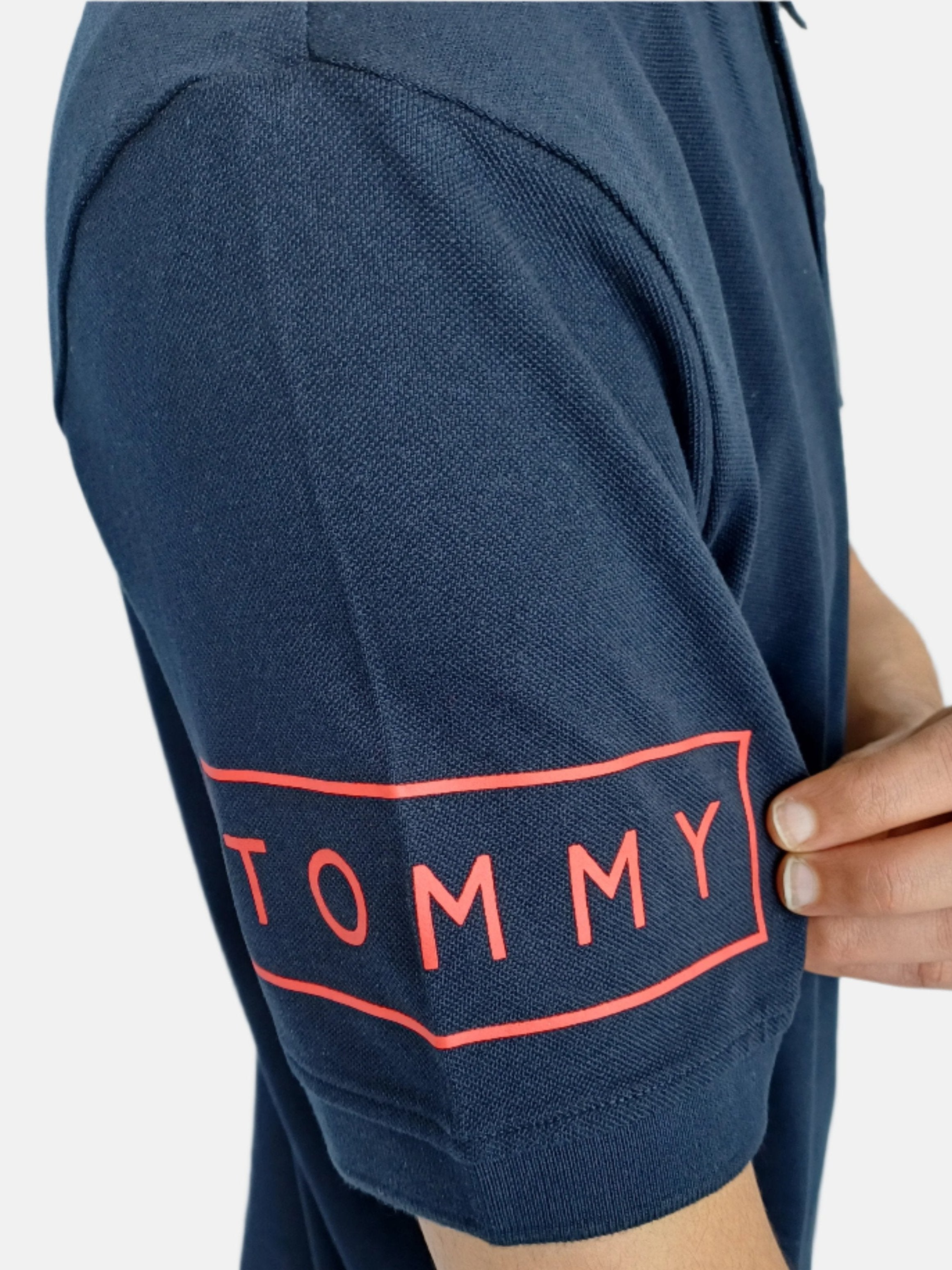 Tommy Hilfiger Men Polo T-shirt logo Print on Sleeve Navy