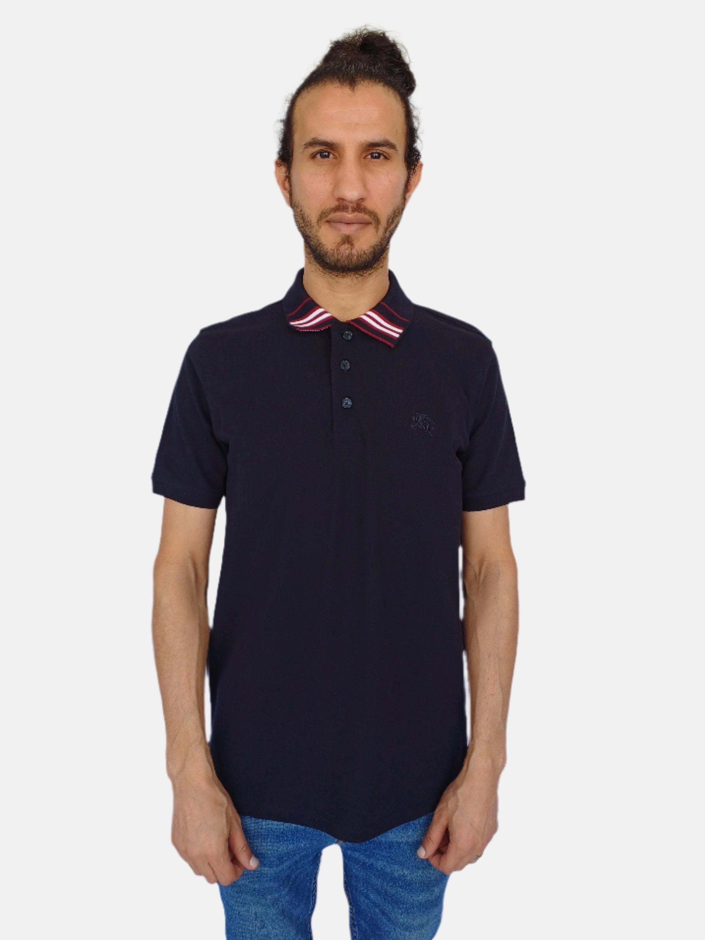 Navy Burberry  Collar Front Strip Design Men Polo T-shirt